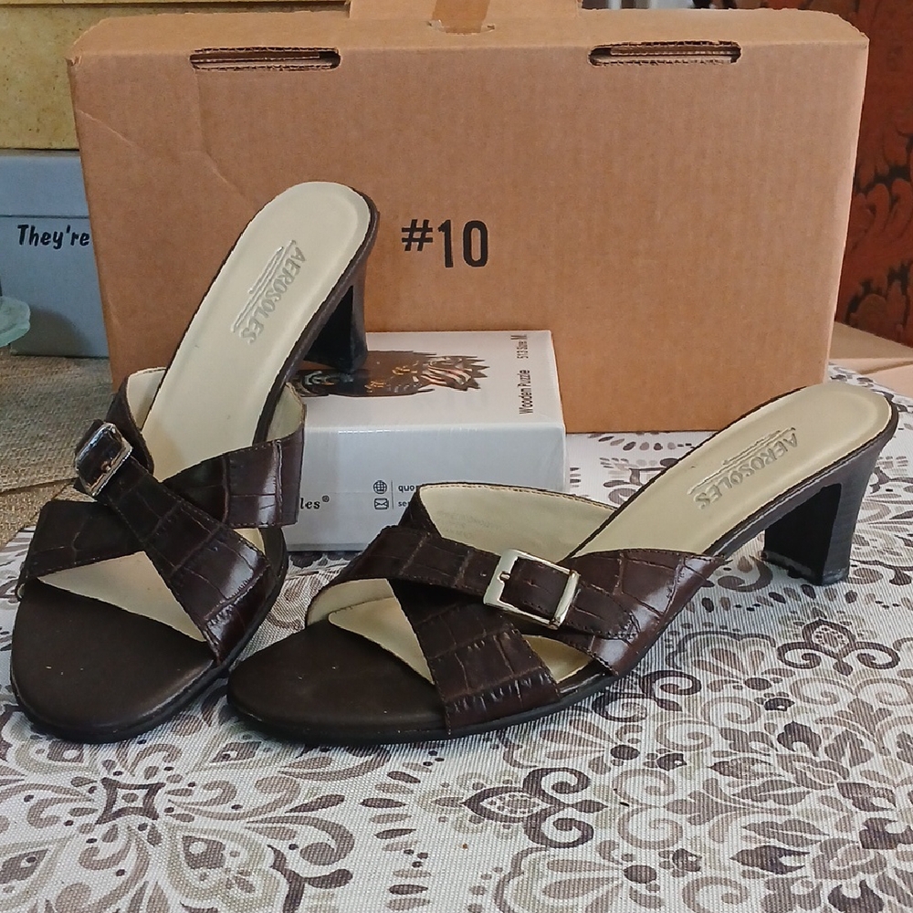 Aerosoles Heeled Slide Sandals Wheelin Groovy Leather Upper Brown Adjustable 8M